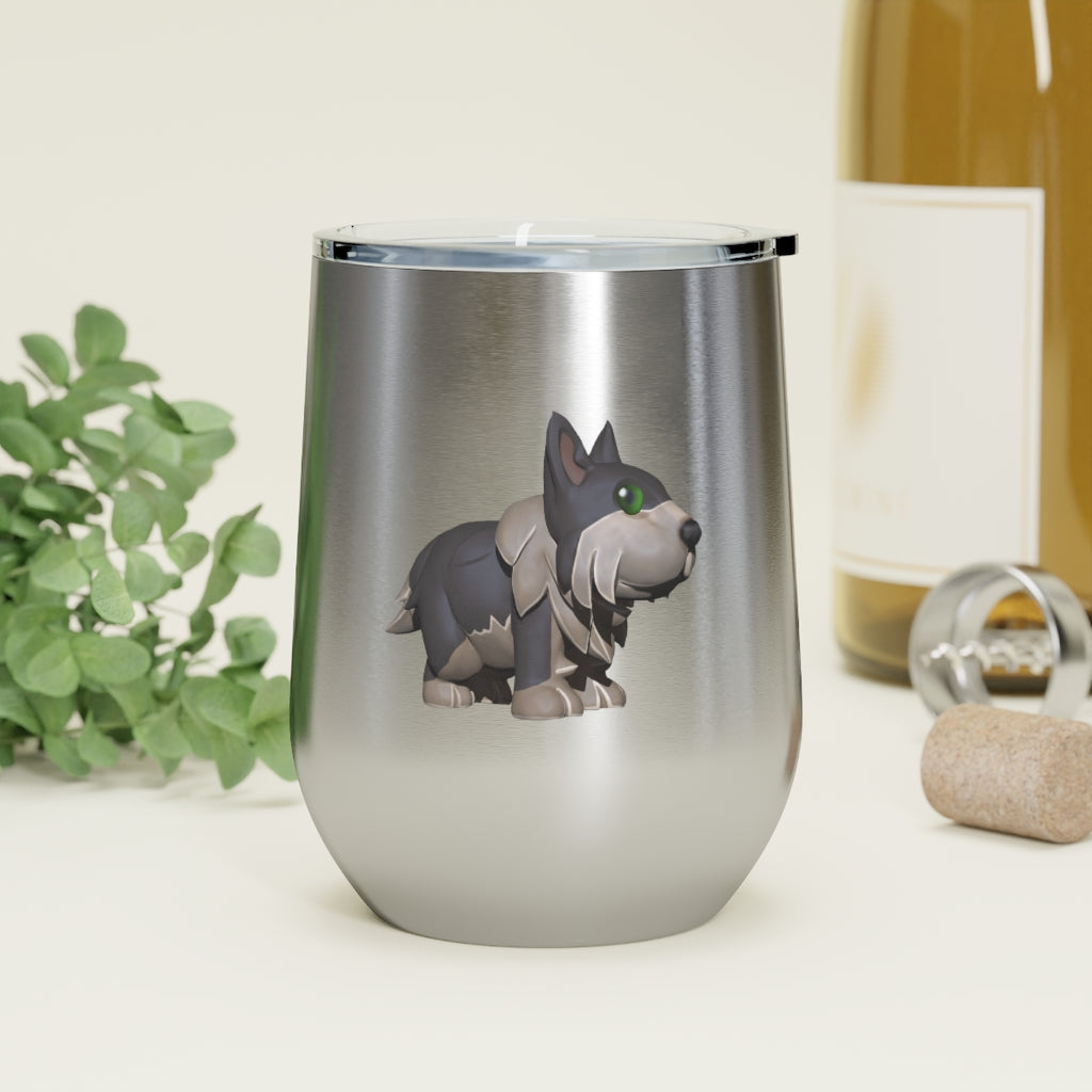 Grey Dog 12oz Insulated Wine Tumbler with clear lid, showcasing its sleek stainless steel design and double-wall insulation.