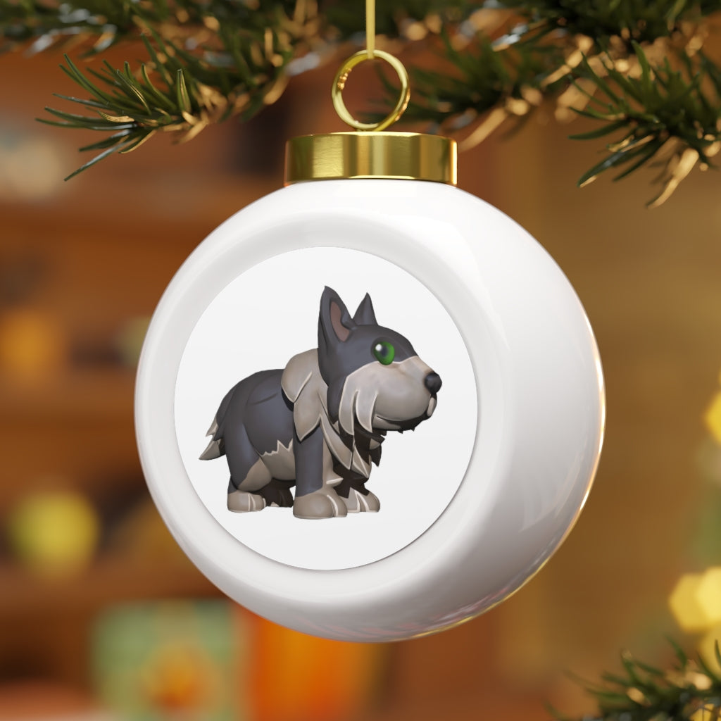A glossy grey dog Christmas ball ornament with a gold ribbon, featuring a vintage style and custom design, perfect for holiday decorating.