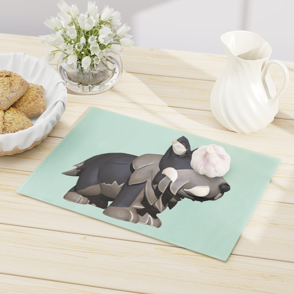 A stylish Grey Dog Cutting Board made of tempered glass with rubber dots for stability, perfect for kitchen use.