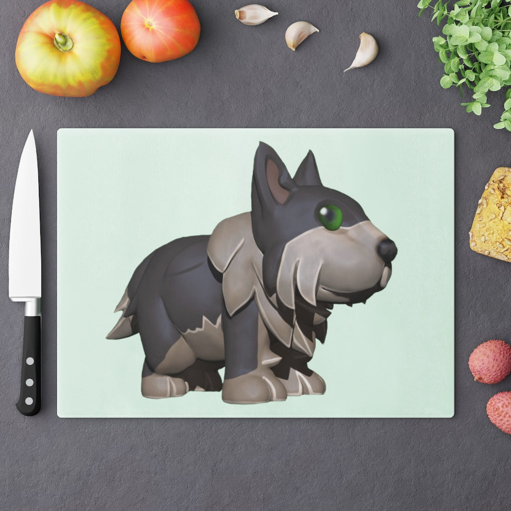 A stylish Grey Dog Cutting Board made of tempered glass with rubber dots for stability, perfect for kitchen use.