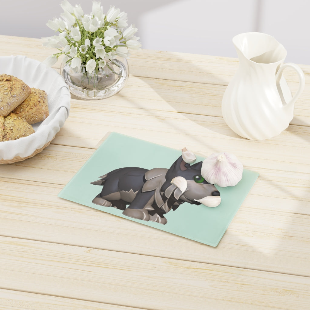 A stylish Grey Dog Cutting Board made of tempered glass with rubber dots for stability, perfect for kitchen use.