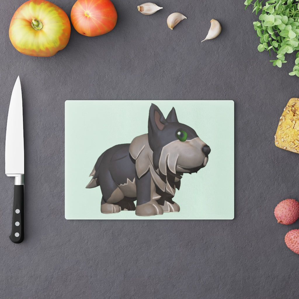 A stylish Grey Dog Cutting Board made of tempered glass with rubber dots for stability, perfect for kitchen use.