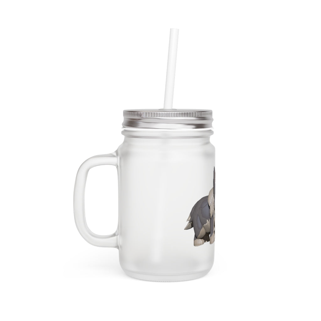 A stylish Grey Dog Mason Jar made of frosted glass, featuring a straw and lid, perfect for personalized drinks.