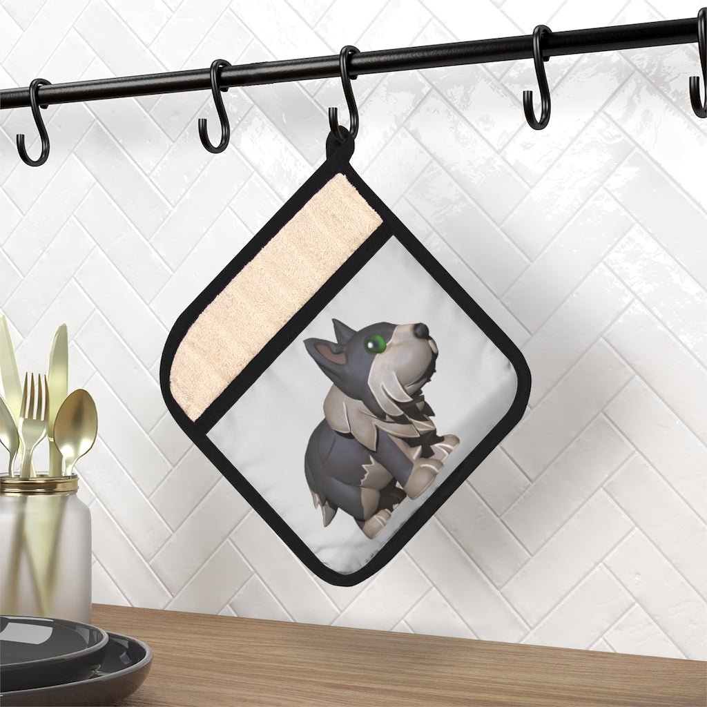 Grey dog pot holder with pocket, featuring a stylish design and black cotton hanging loop.