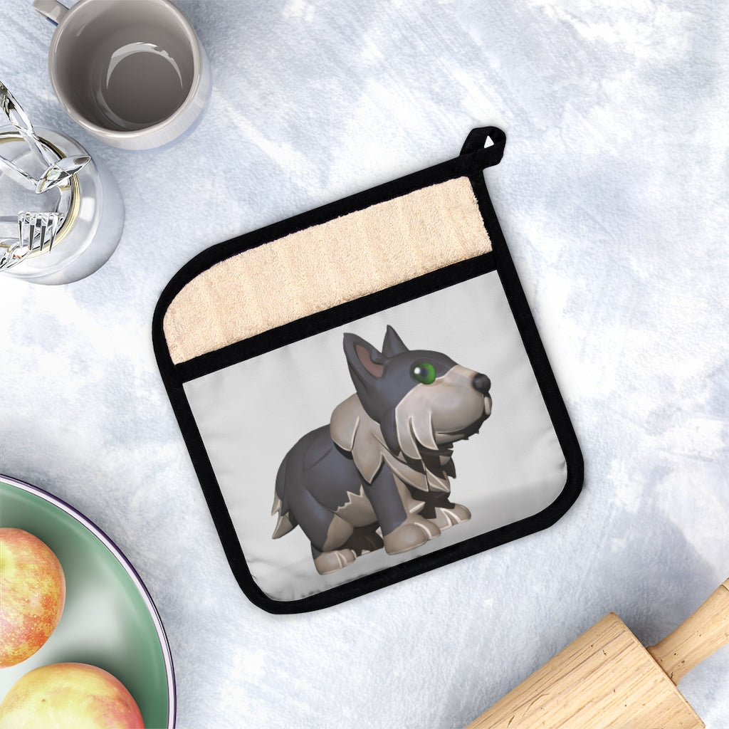 Grey dog pot holder with pocket, featuring a stylish design and black cotton hanging loop.