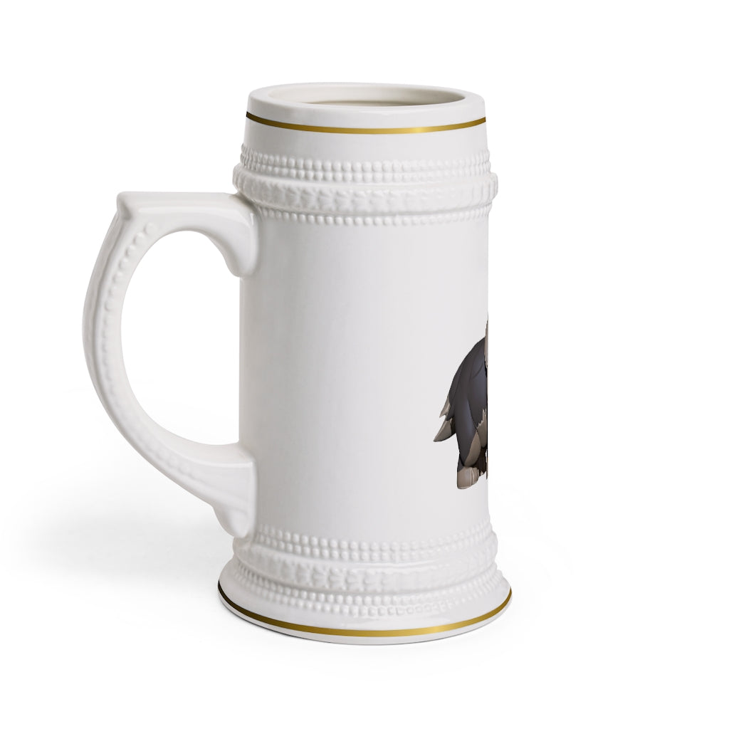 Grey Dog Stein Mug made of durable white ceramic with ribbed outlines and a comfortable handle.