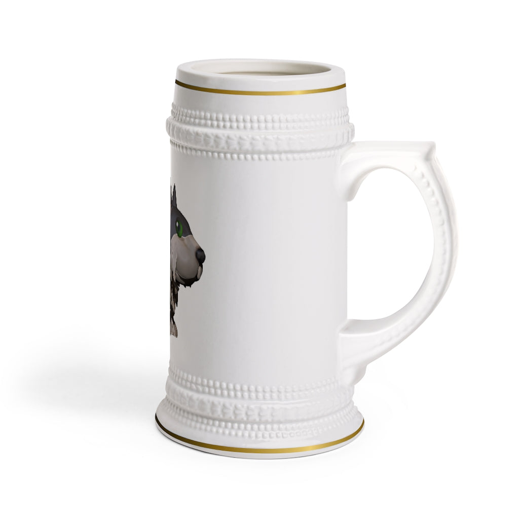Grey Dog Stein Mug made of durable white ceramic with ribbed outlines and a comfortable handle.