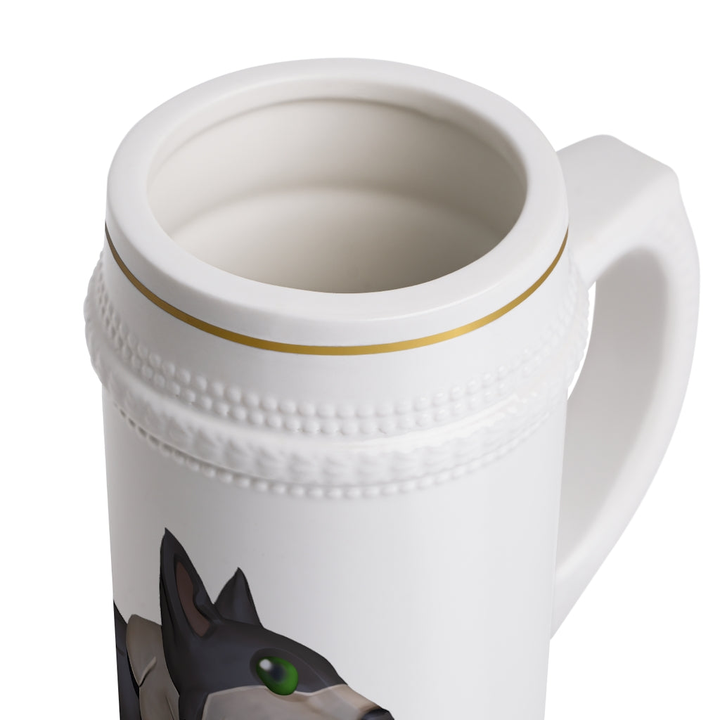 Grey Dog Stein Mug made of durable white ceramic with ribbed outlines and a comfortable handle.