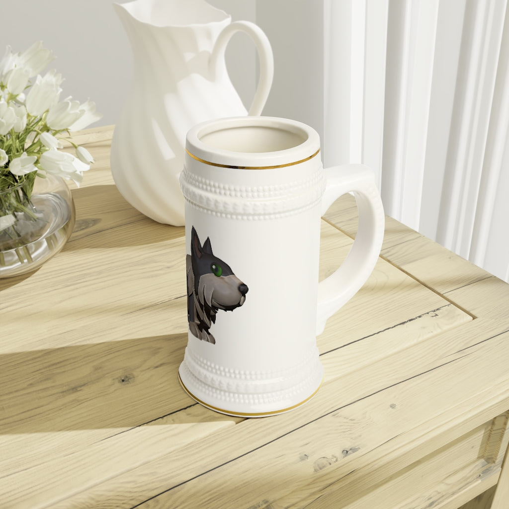Grey Dog Stein Mug made of durable white ceramic with ribbed outlines and a comfortable handle.