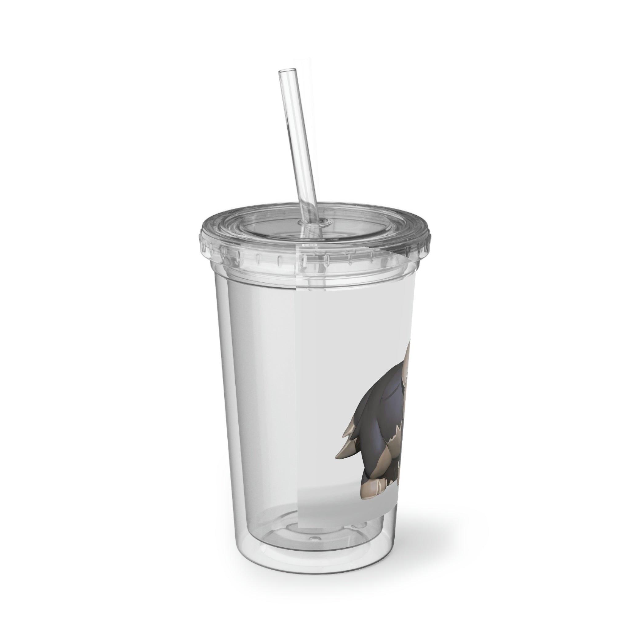 Grey Dog Suave Acrylic Cup with double-wall insulation, featuring a plastic lid and straw, designed for hot and cold beverages.