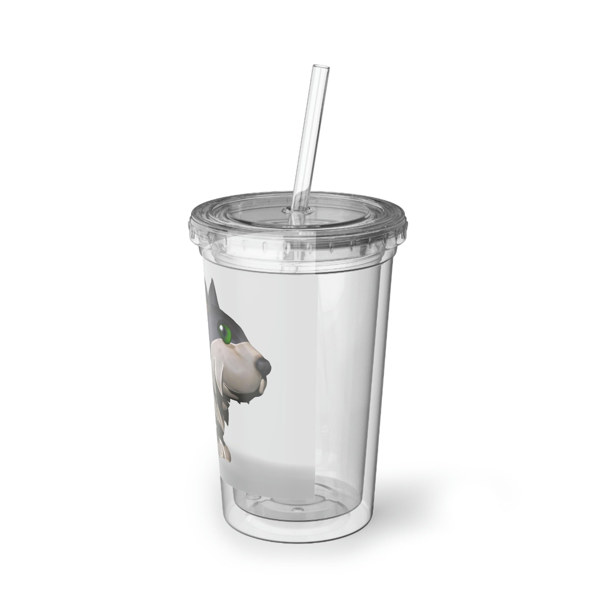 Grey Dog Suave Acrylic Cup with double-wall insulation, featuring a plastic lid and straw, designed for hot and cold beverages.