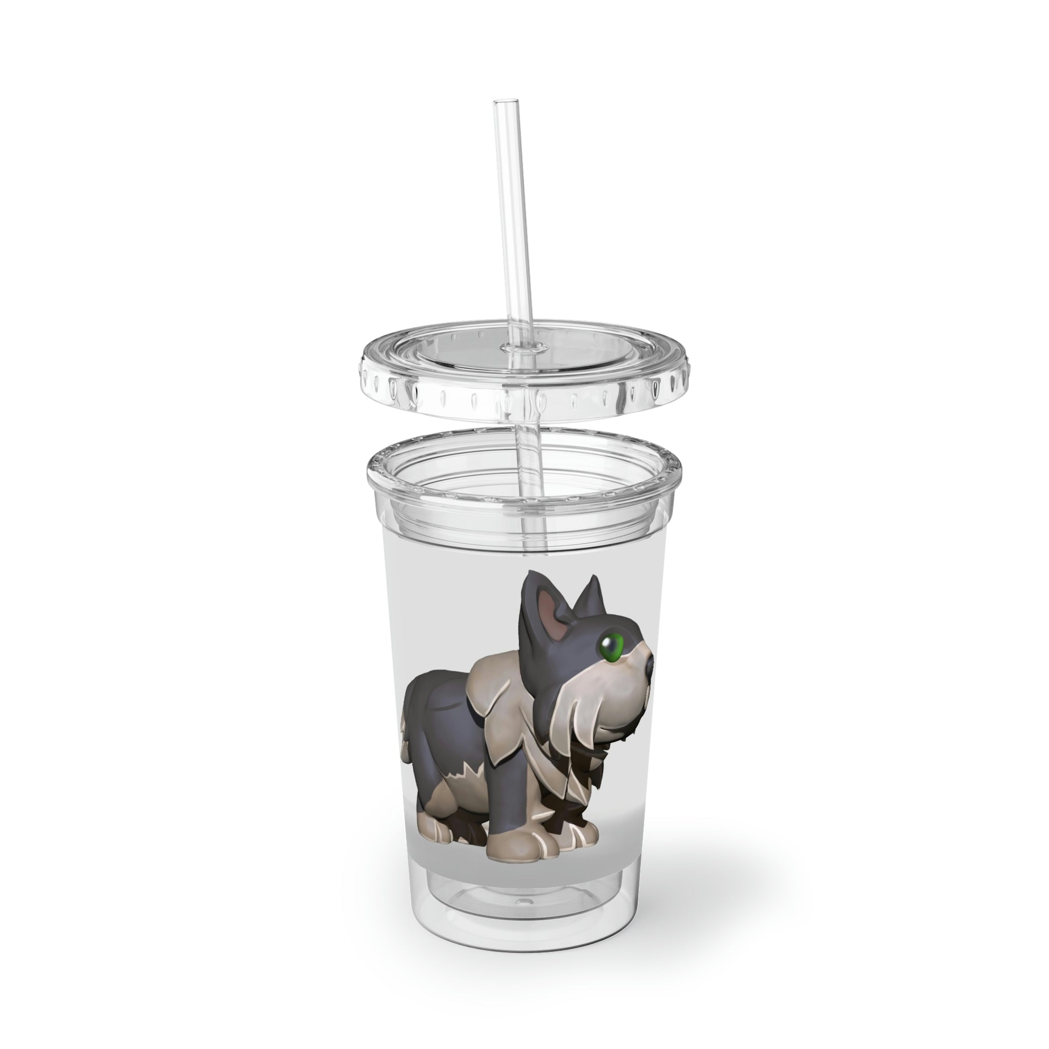 Grey Dog Suave Acrylic Cup with double-wall insulation, featuring a plastic lid and straw, designed for hot and cold beverages.