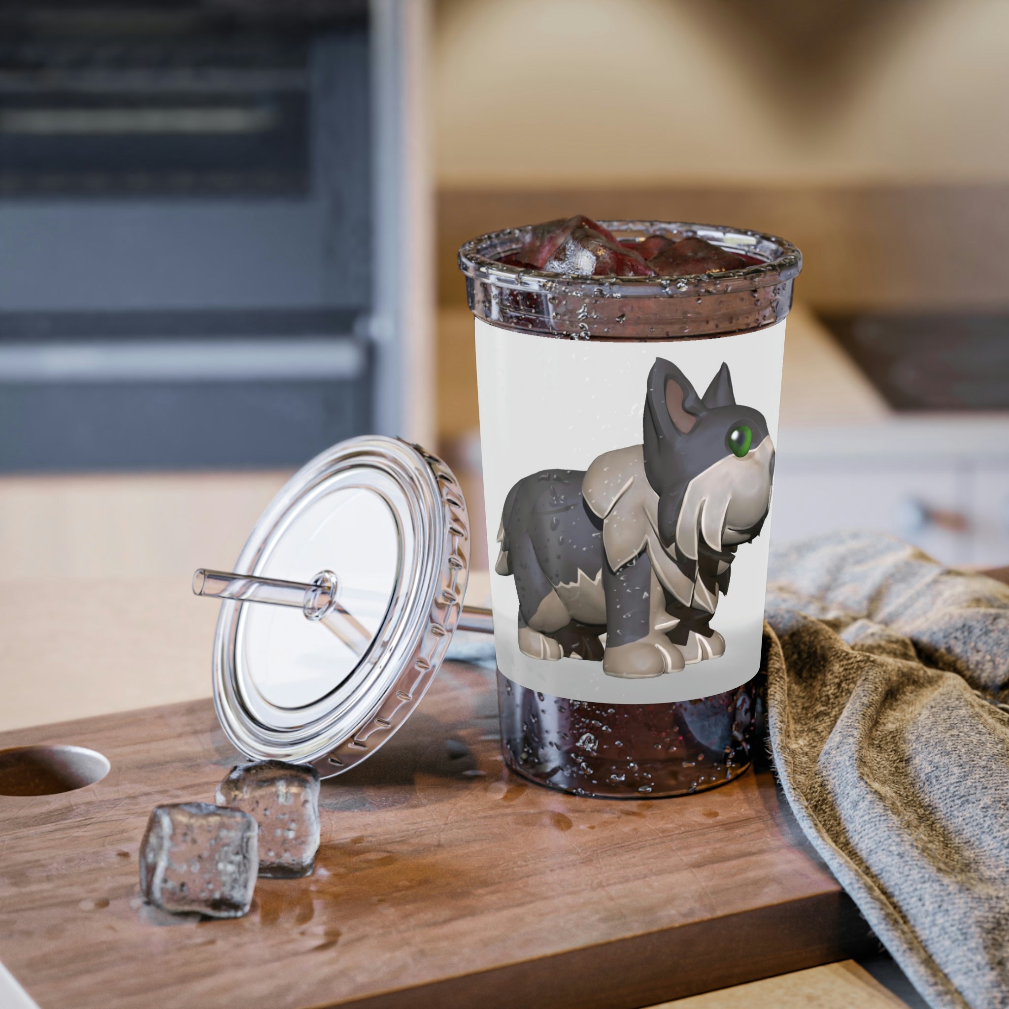 Grey Dog Suave Acrylic Cup with double-wall insulation, featuring a plastic lid and straw, designed for hot and cold beverages.