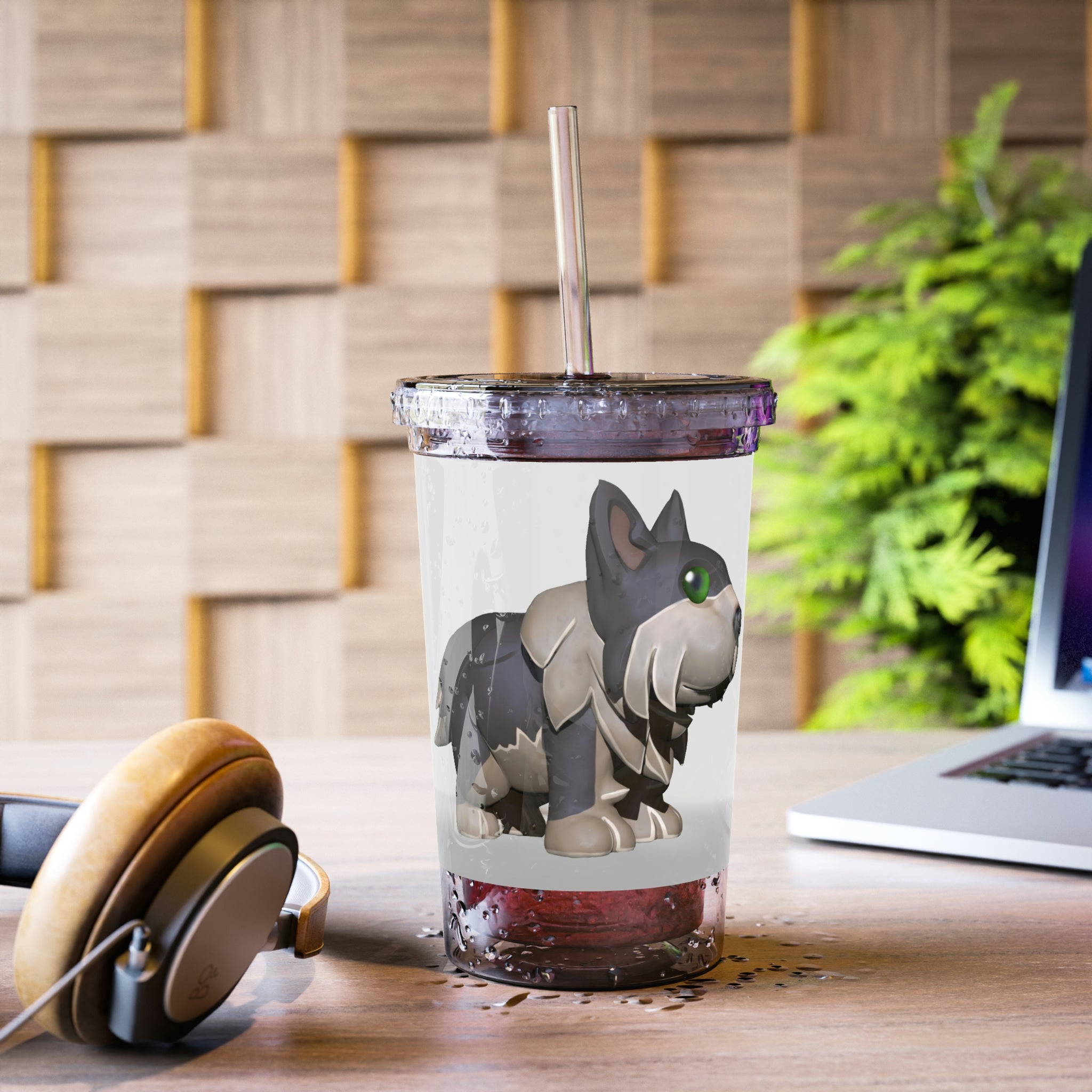 Grey Dog Suave Acrylic Cup with double-wall insulation, featuring a plastic lid and straw, designed for hot and cold beverages.