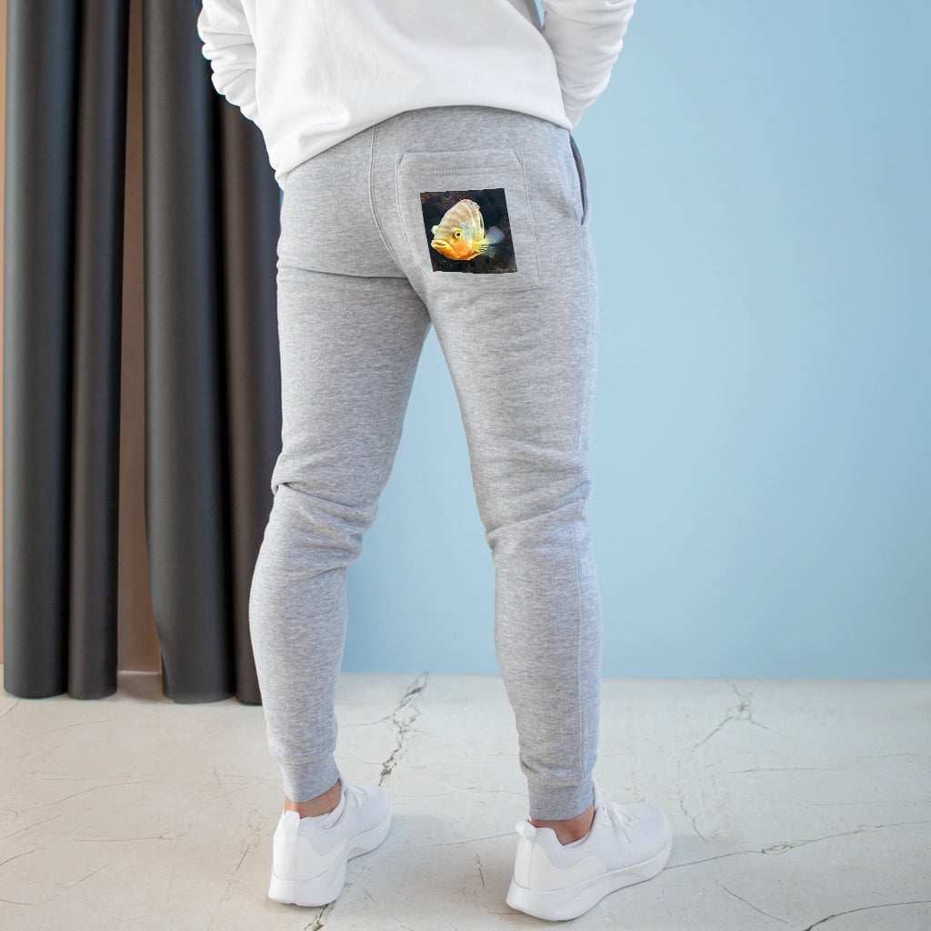 Grey Fish Premium Fleece Joggers featuring a soft fleece material, ribbed cuffs, and customizable back pocket, perfect for active lifestyles.