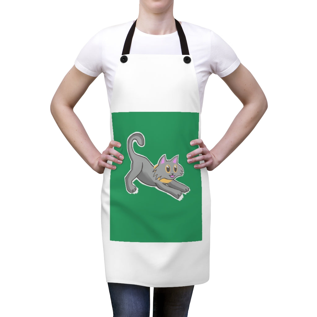 A stylish Grey Kitty Apron made of lightweight polyester with black detachable twill straps, perfect for cooking.