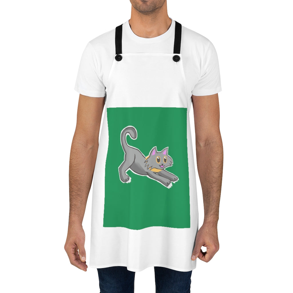 A stylish Grey Kitty Apron made of lightweight polyester with black detachable twill straps, perfect for cooking.
