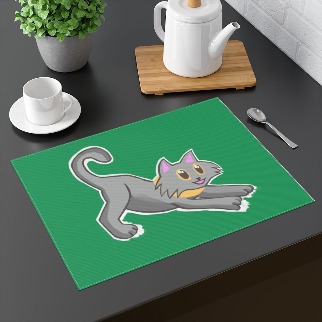 A stylish Grey Kitty Placemat featuring a charming kitty print on one side and a natural cotton back, perfect for dining tables.