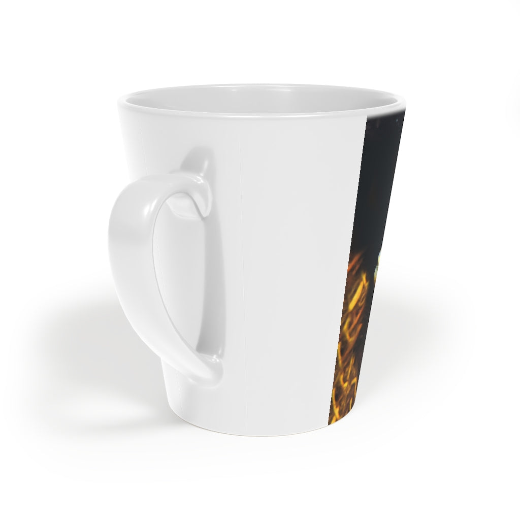 Grey Orange Fish Latte Mug, 12oz with a scratch-resistant finish and easy-grip handle, perfect for enjoying beverages.