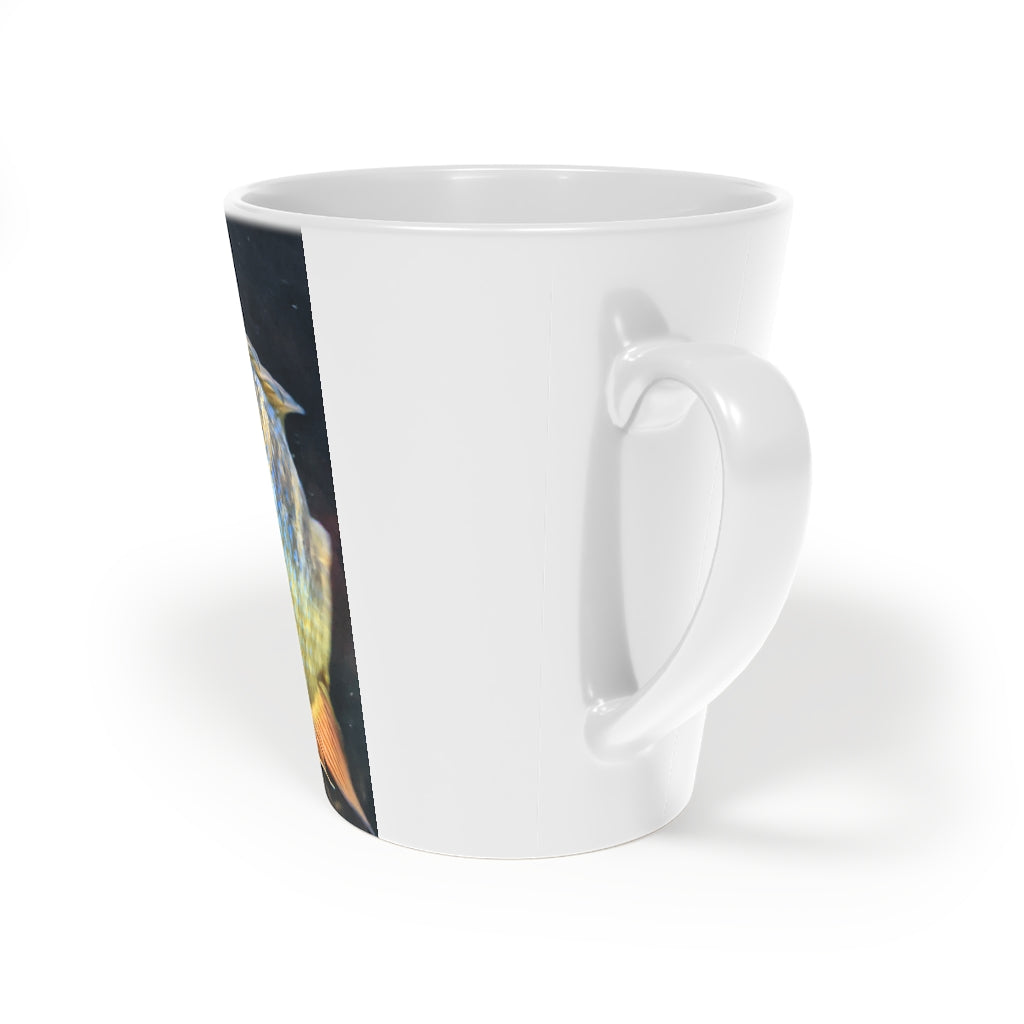 Grey Orange Fish Latte Mug, 12oz with a scratch-resistant finish and easy-grip handle, perfect for enjoying beverages.