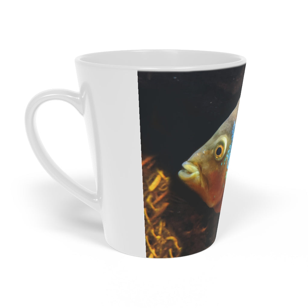 Grey Orange Fish Latte Mug, 12oz with a scratch-resistant finish and easy-grip handle, perfect for enjoying beverages.