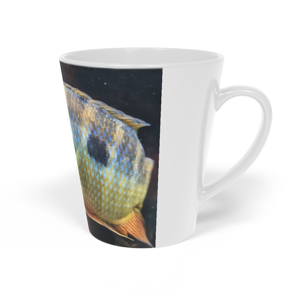 Grey Orange Fish Latte Mug, 12oz with a scratch-resistant finish and easy-grip handle, perfect for enjoying beverages.