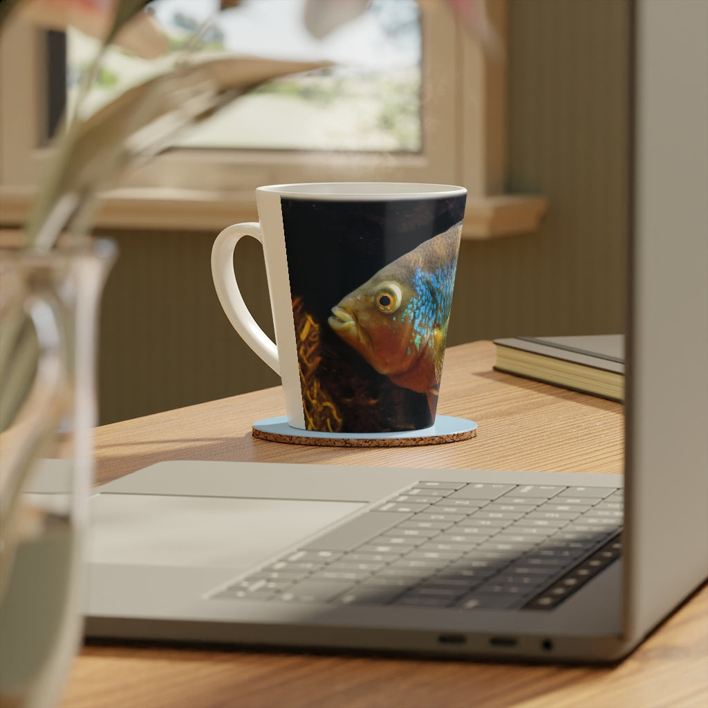 Grey Orange Fish Latte Mug, 12oz with a scratch-resistant finish and easy-grip handle, perfect for enjoying beverages.