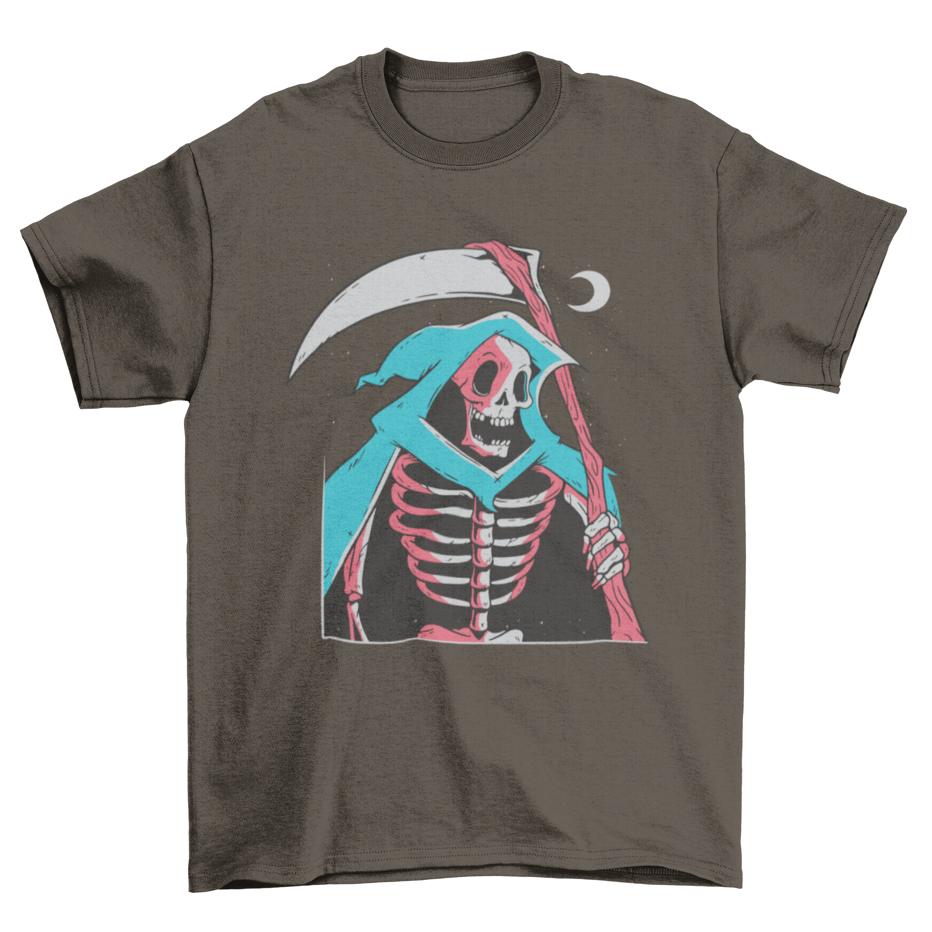 Grim Reaper Skeleton T-shirt featuring a detailed illustration of the Grim Reaper with a moon background, perfect for Halloween.