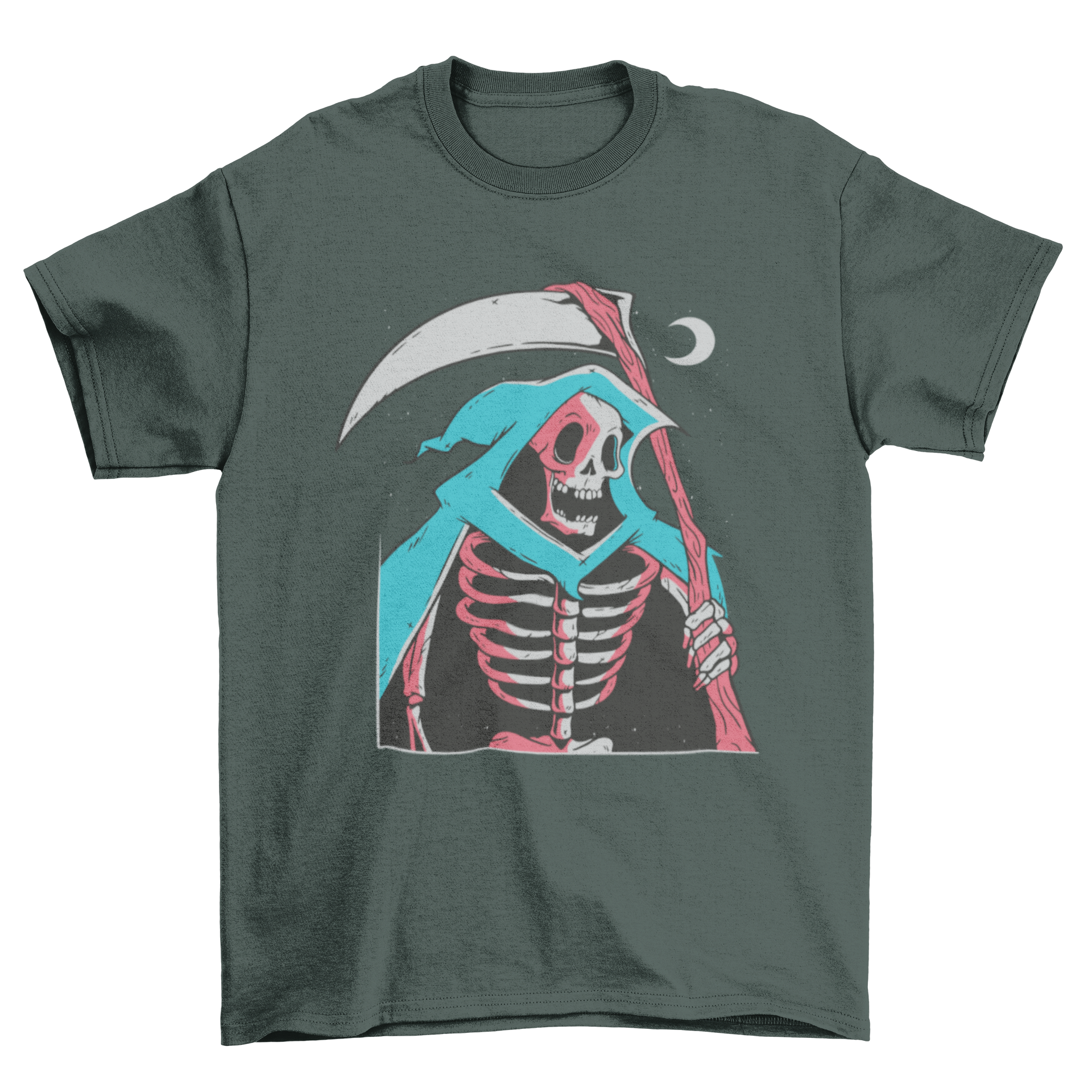 Grim Reaper Skeleton T-shirt featuring a detailed illustration of the Grim Reaper with a moon background, perfect for Halloween.