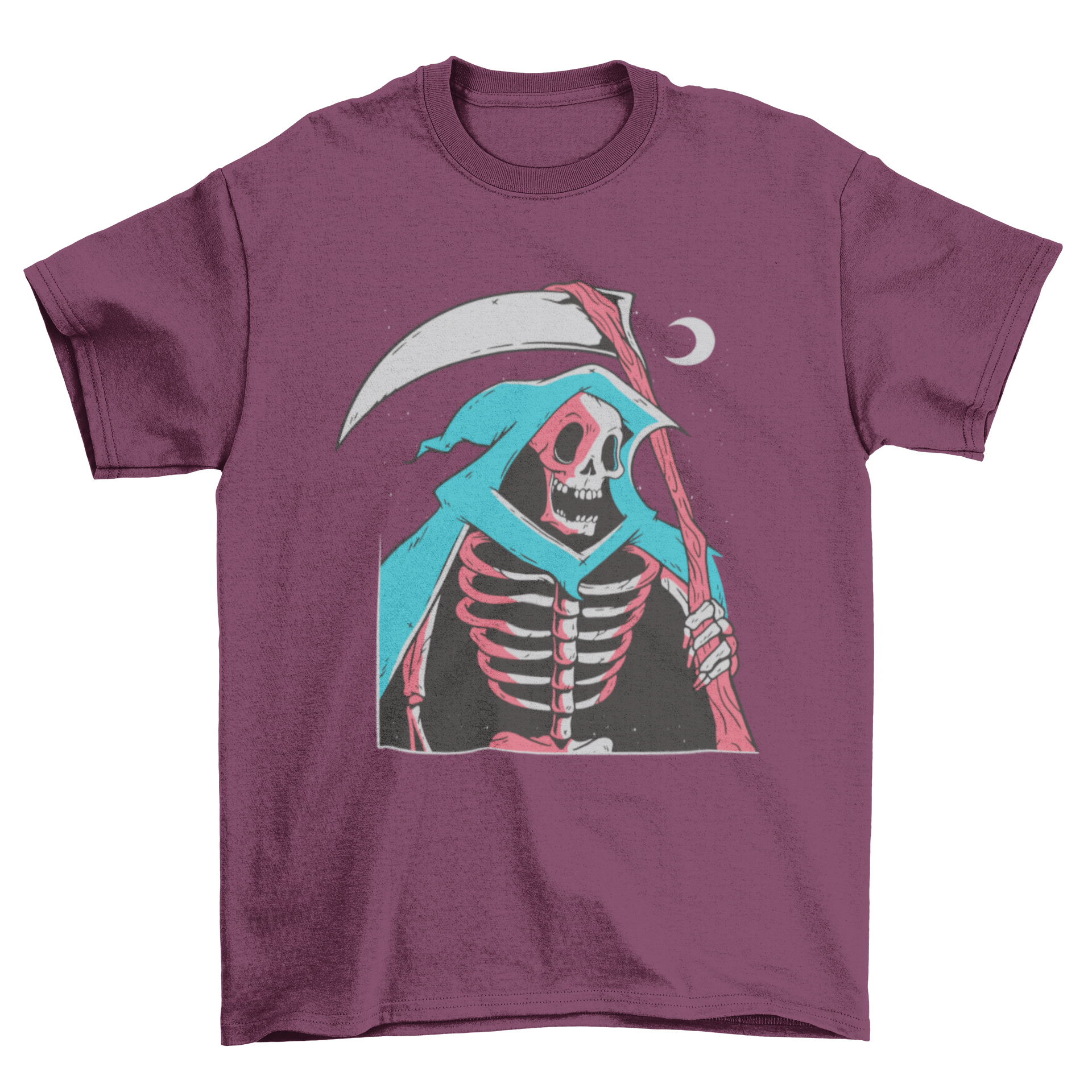 Grim Reaper Skeleton T-shirt featuring a detailed illustration of the Grim Reaper with a moon background, perfect for Halloween.