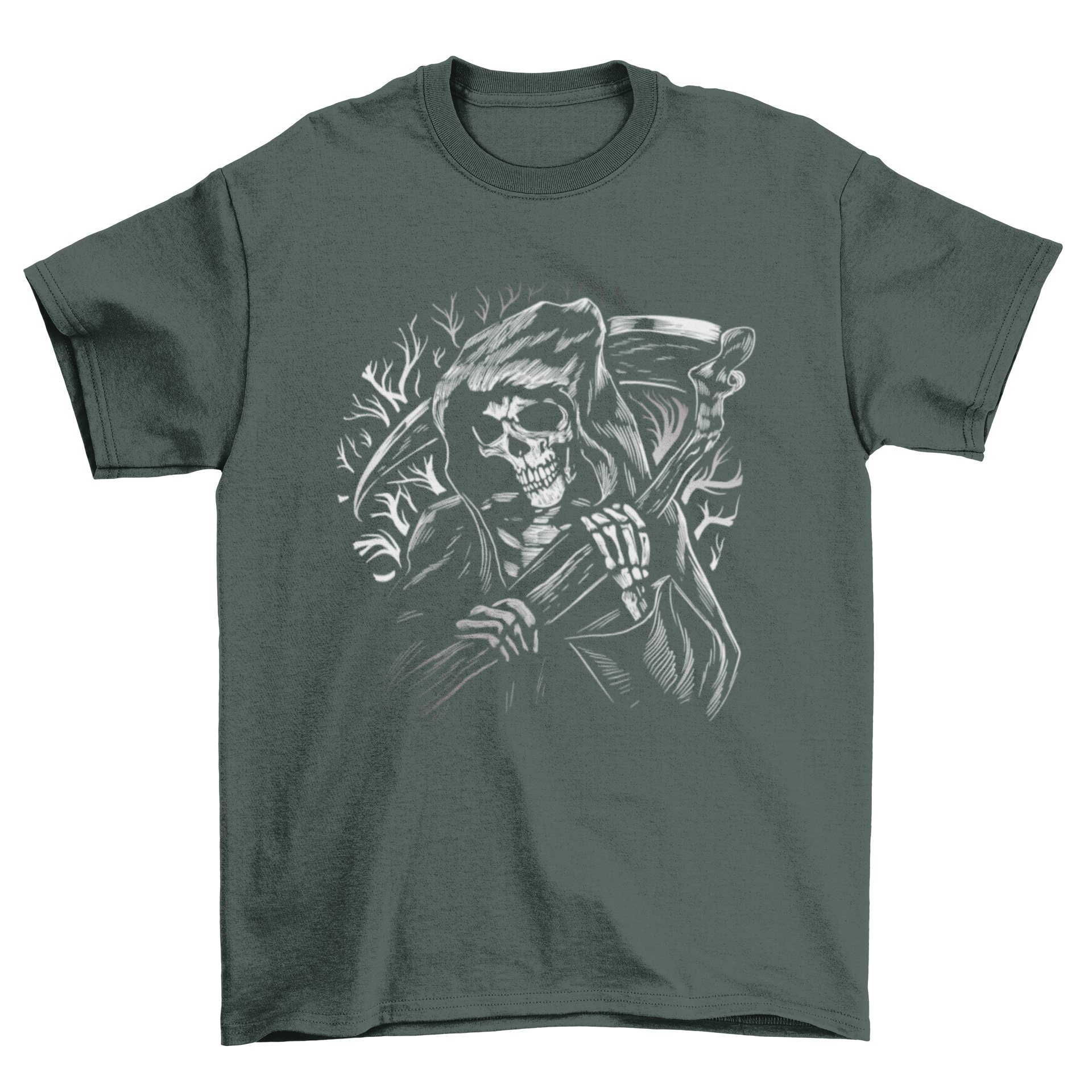 A black t-shirt featuring a detailed graphic of the Grim Reaper holding a scythe, perfect for gothic fashion enthusiasts.