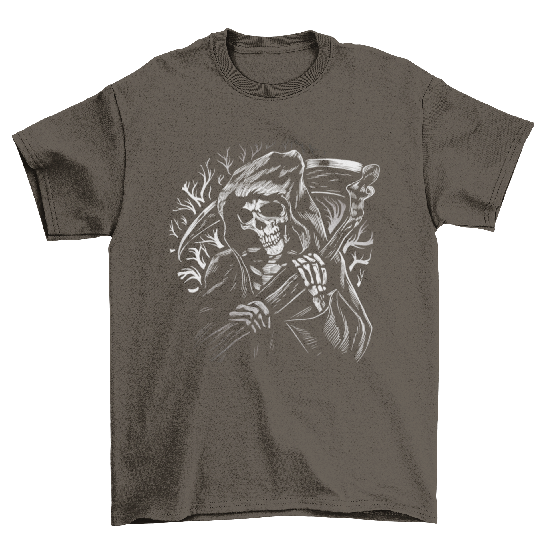 A black t-shirt featuring a detailed graphic of the Grim Reaper holding a scythe, perfect for gothic fashion enthusiasts.