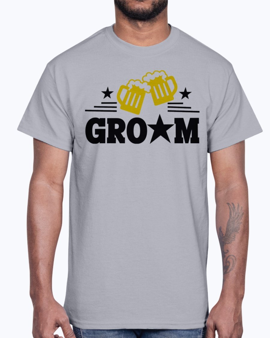 Groom Bridal and Wedding Cotton Tee displayed on a hanger, showcasing its classic fit and soft fabric.