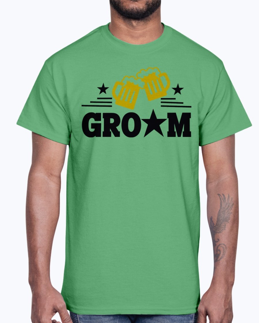 Groom Bridal and Wedding Cotton Tee displayed on a hanger, showcasing its classic fit and soft fabric.