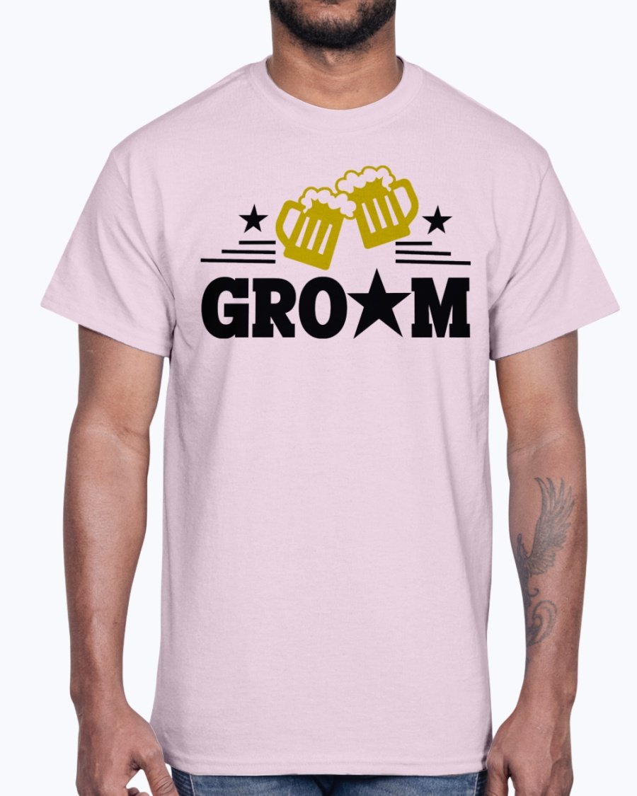 Groom Bridal and Wedding Cotton Tee displayed on a hanger, showcasing its classic fit and soft fabric.