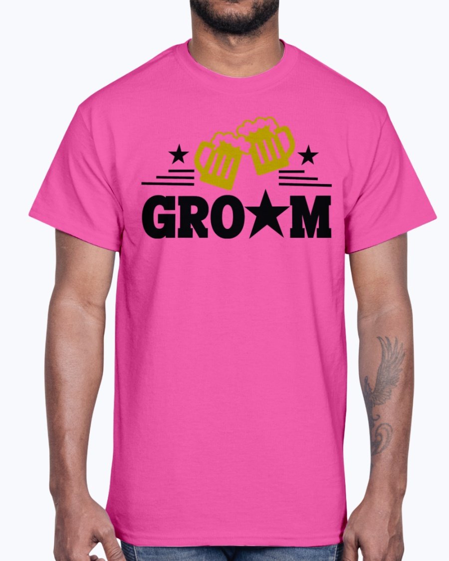 Groom Bridal and Wedding Cotton Tee displayed on a hanger, showcasing its classic fit and soft fabric.