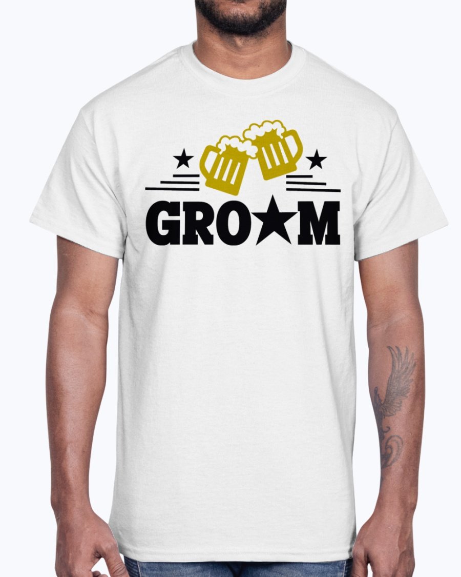 Groom Bridal and Wedding Cotton Tee displayed on a hanger, showcasing its classic fit and soft fabric.