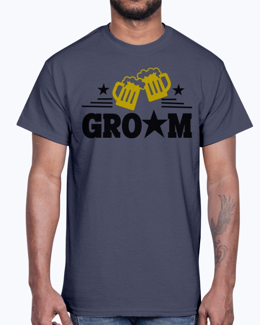 Groom Bridal and Wedding Cotton Tee displayed on a hanger, showcasing its classic fit and soft fabric.