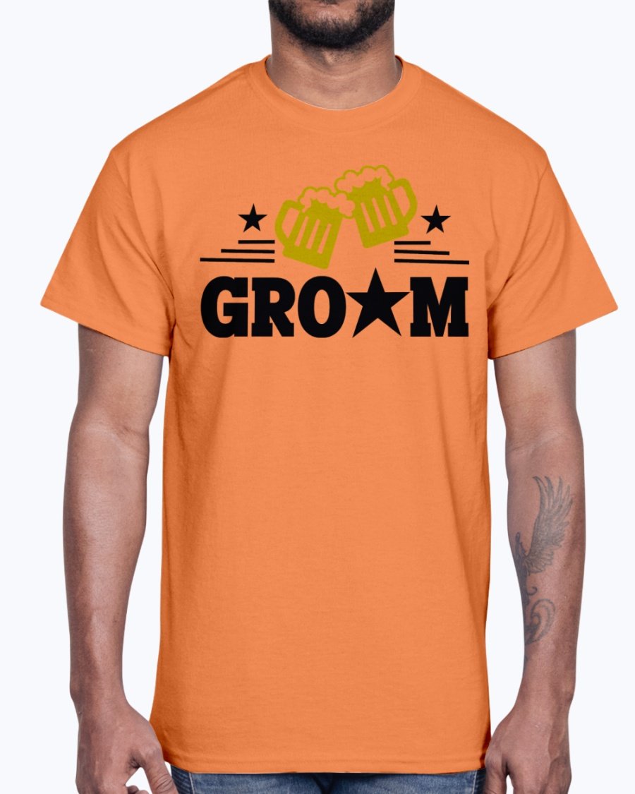 Groom Bridal and Wedding Cotton Tee displayed on a hanger, showcasing its classic fit and soft fabric.