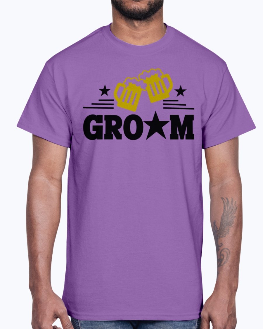 Groom Bridal and Wedding Cotton Tee displayed on a hanger, showcasing its classic fit and soft fabric.