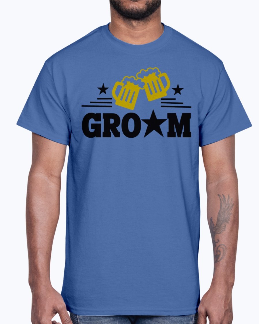 Groom Bridal and Wedding Cotton Tee displayed on a hanger, showcasing its classic fit and soft fabric.