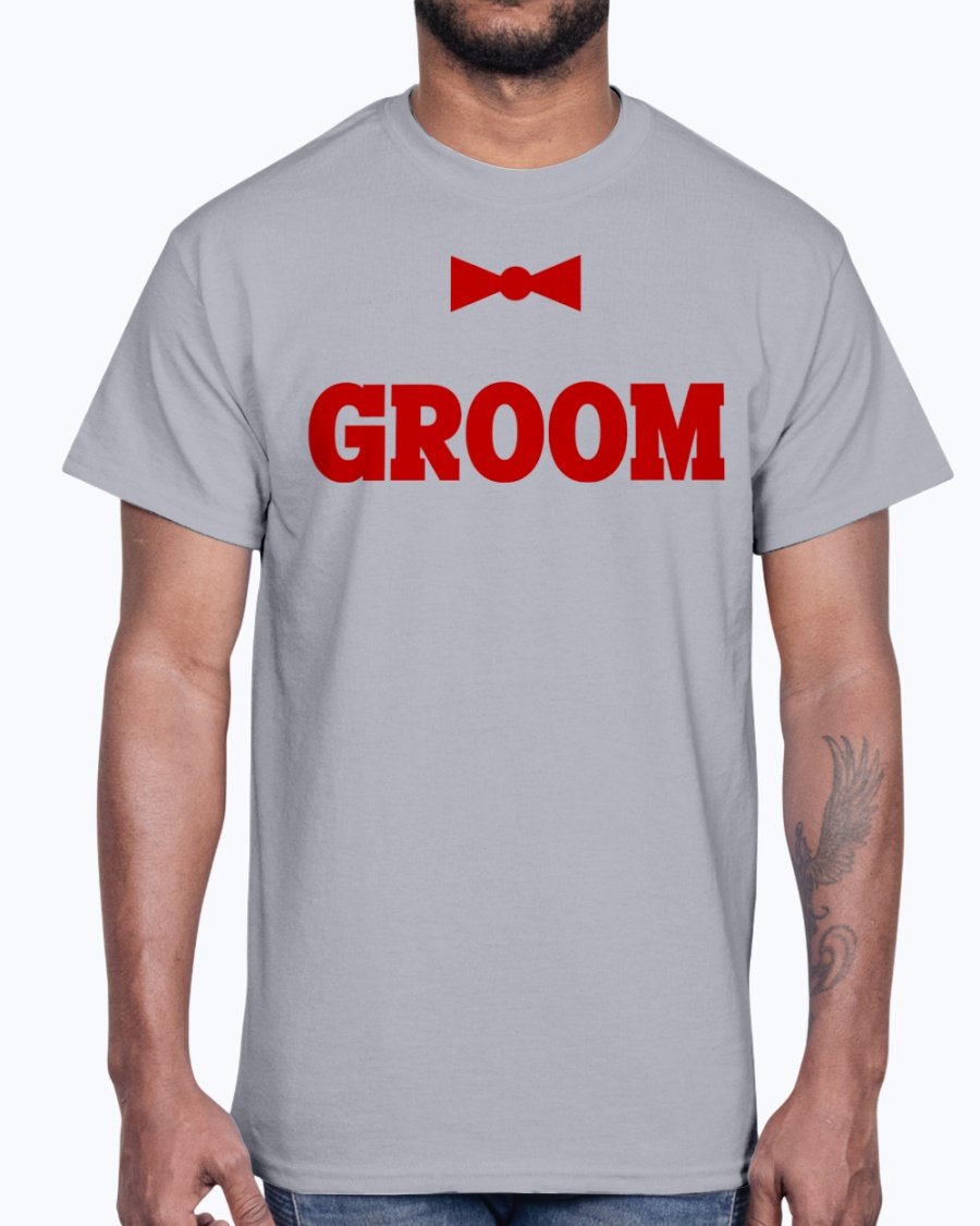 Groom Bridal and Wedding Cotton Tee displayed on a hanger, showcasing its classic fit and soft fabric.
