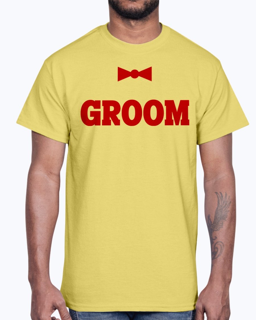 Groom Bridal and Wedding Cotton Tee displayed on a hanger, showcasing its classic fit and soft fabric.