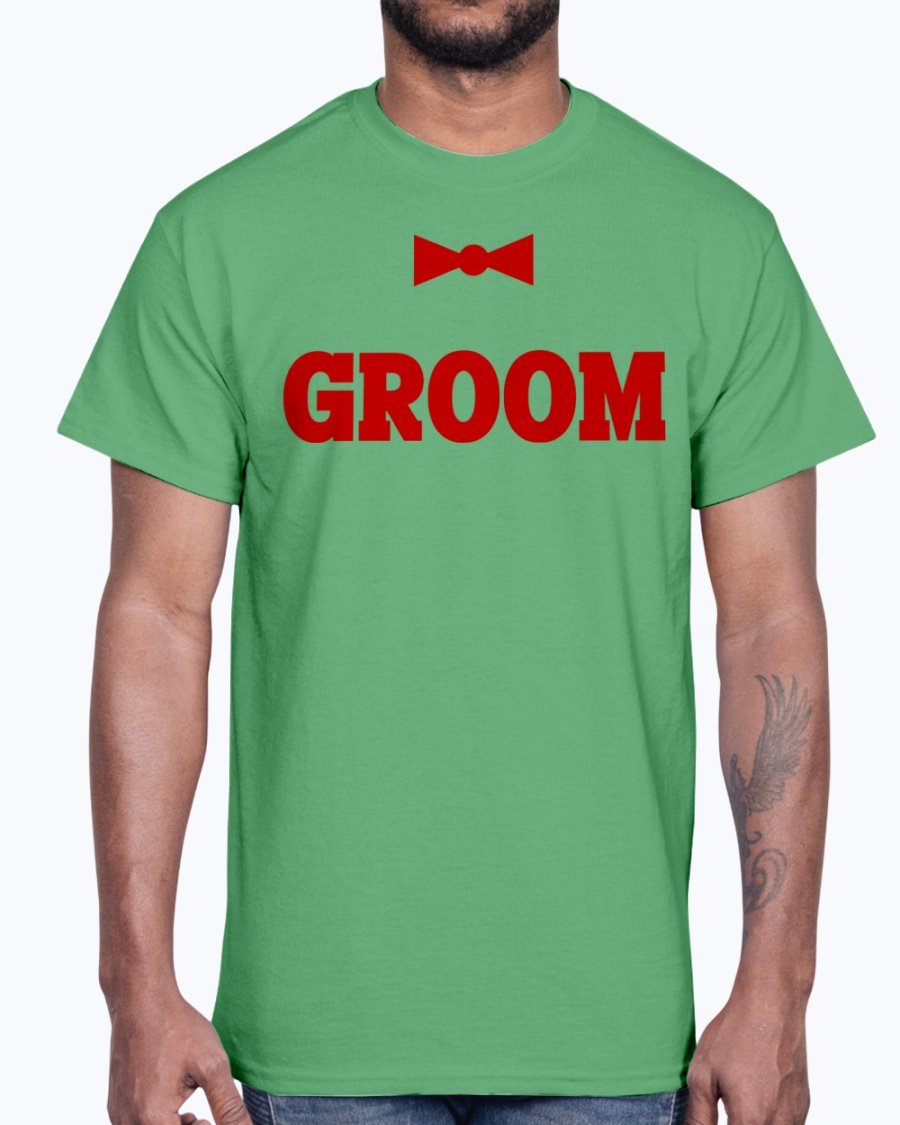 Groom Bridal and Wedding Cotton Tee displayed on a hanger, showcasing its classic fit and soft fabric.