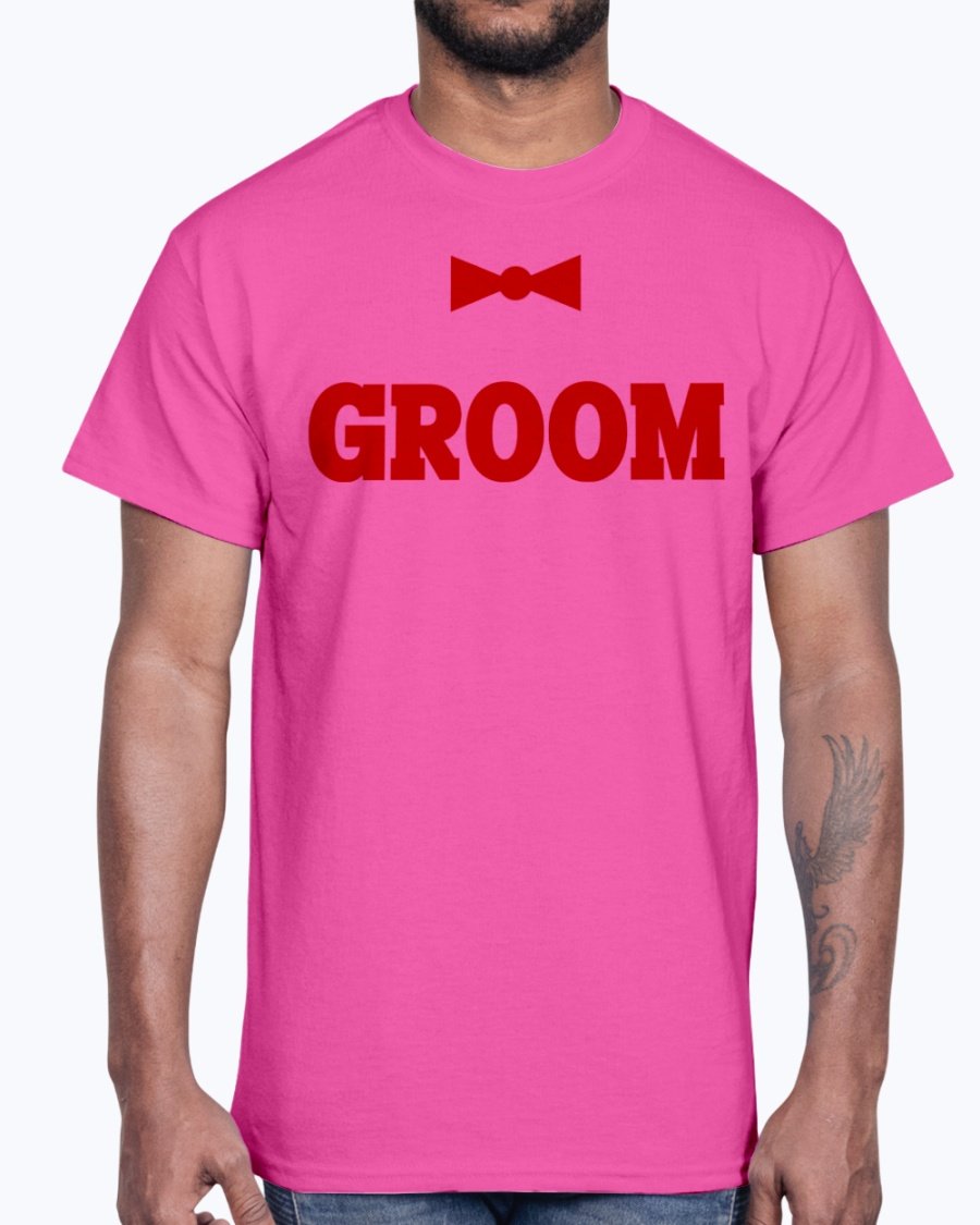 Groom Bridal and Wedding Cotton Tee displayed on a hanger, showcasing its classic fit and soft fabric.