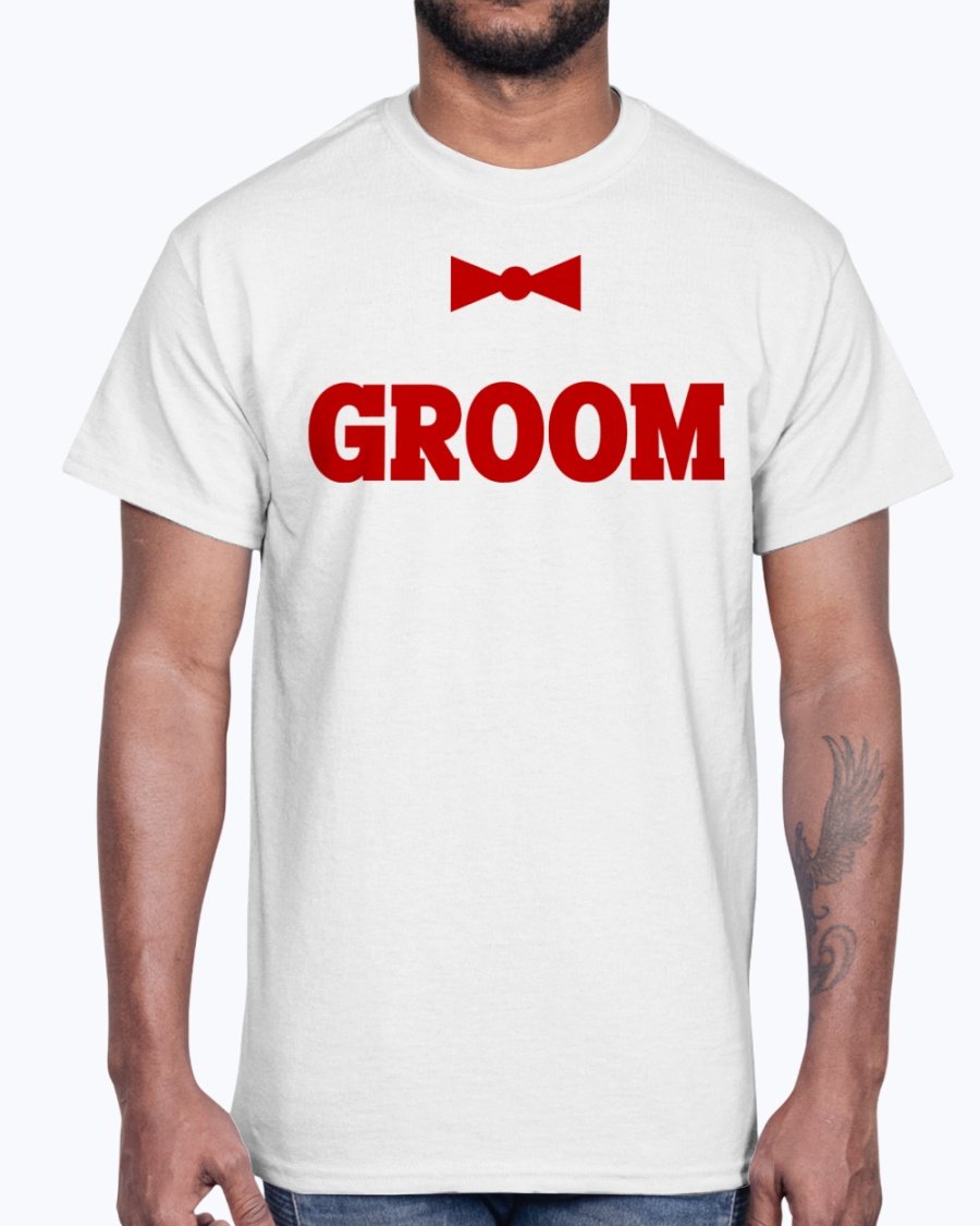 Groom Bridal and Wedding Cotton Tee displayed on a hanger, showcasing its classic fit and soft fabric.
