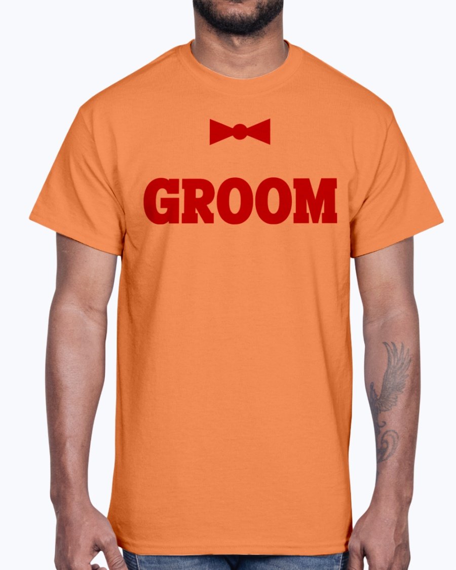 Groom Bridal and Wedding Cotton Tee displayed on a hanger, showcasing its classic fit and soft fabric.
