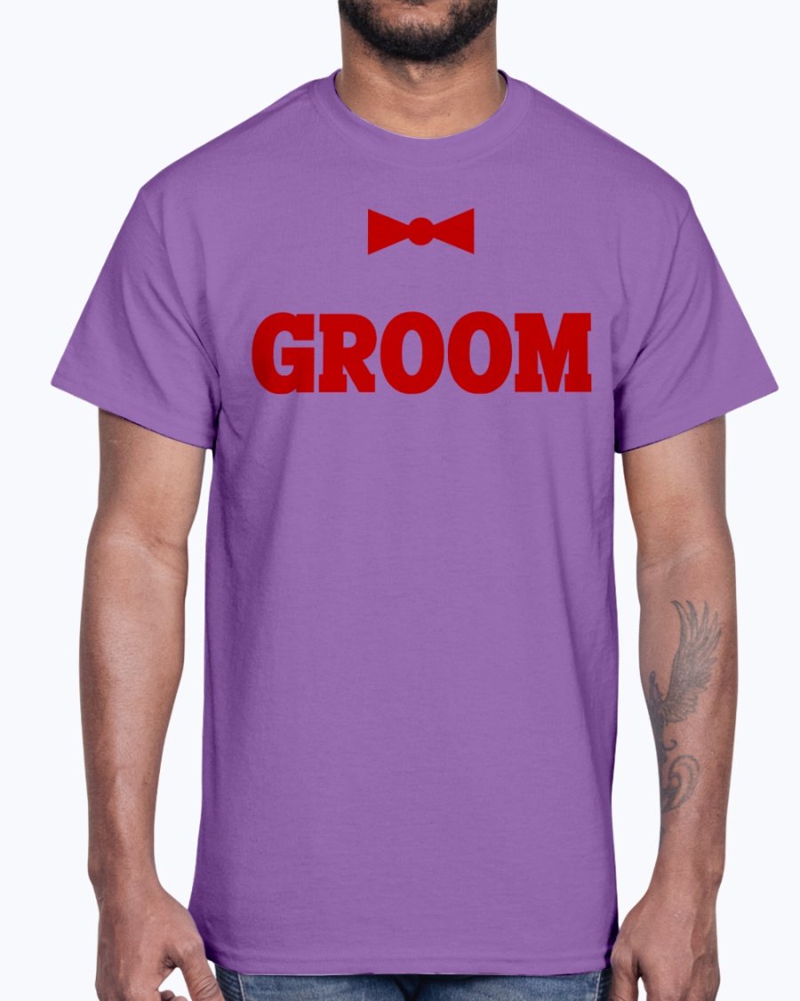 Groom Bridal and Wedding Cotton Tee displayed on a hanger, showcasing its classic fit and soft fabric.