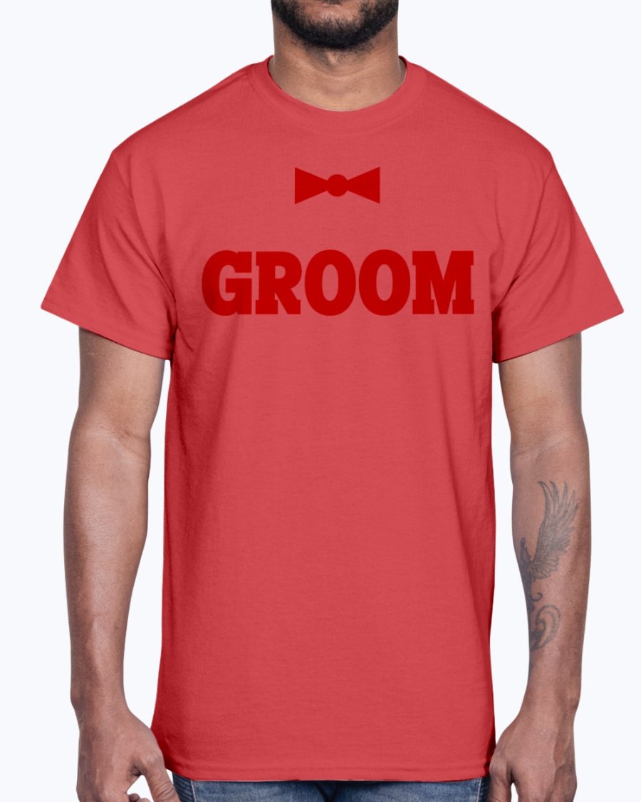 Groom Bridal and Wedding Cotton Tee displayed on a hanger, showcasing its classic fit and soft fabric.