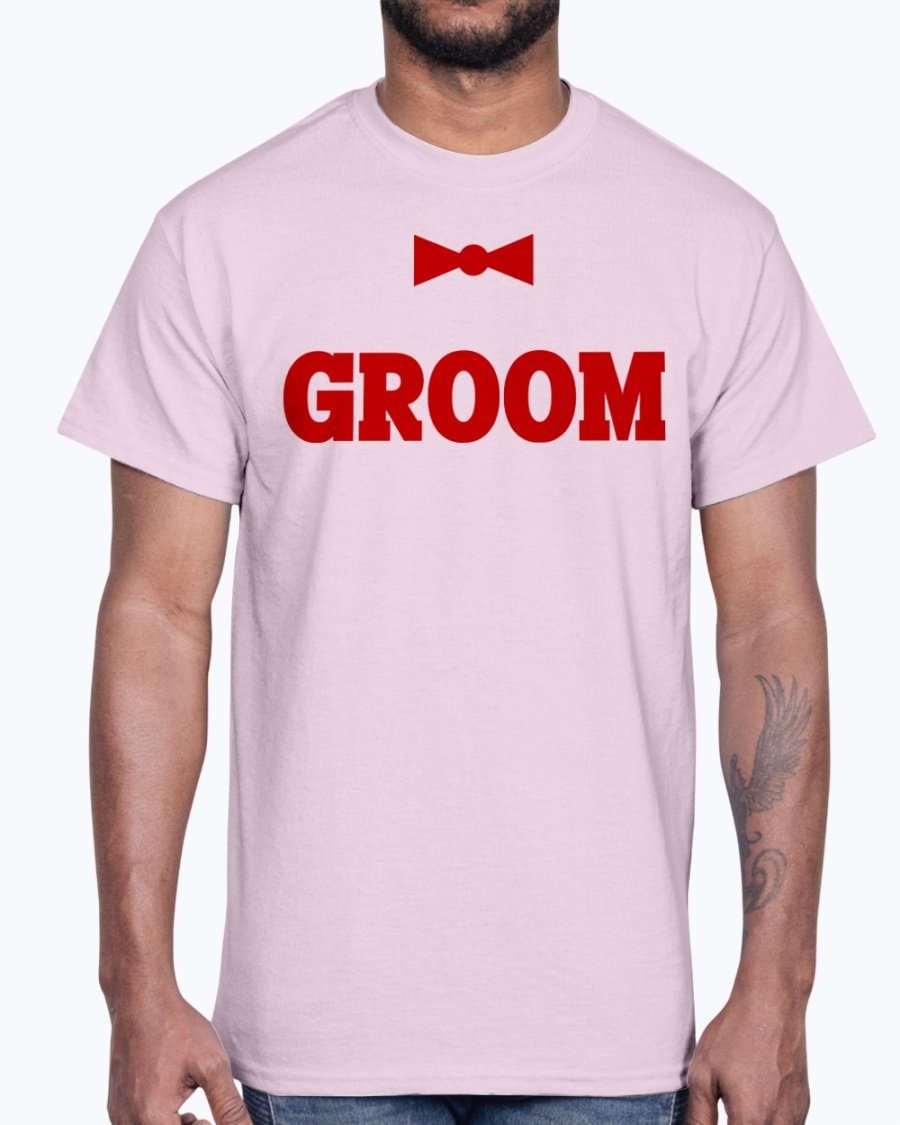 Groom Bridal and Wedding Cotton Tee displayed on a hanger, showcasing its classic fit and soft fabric.